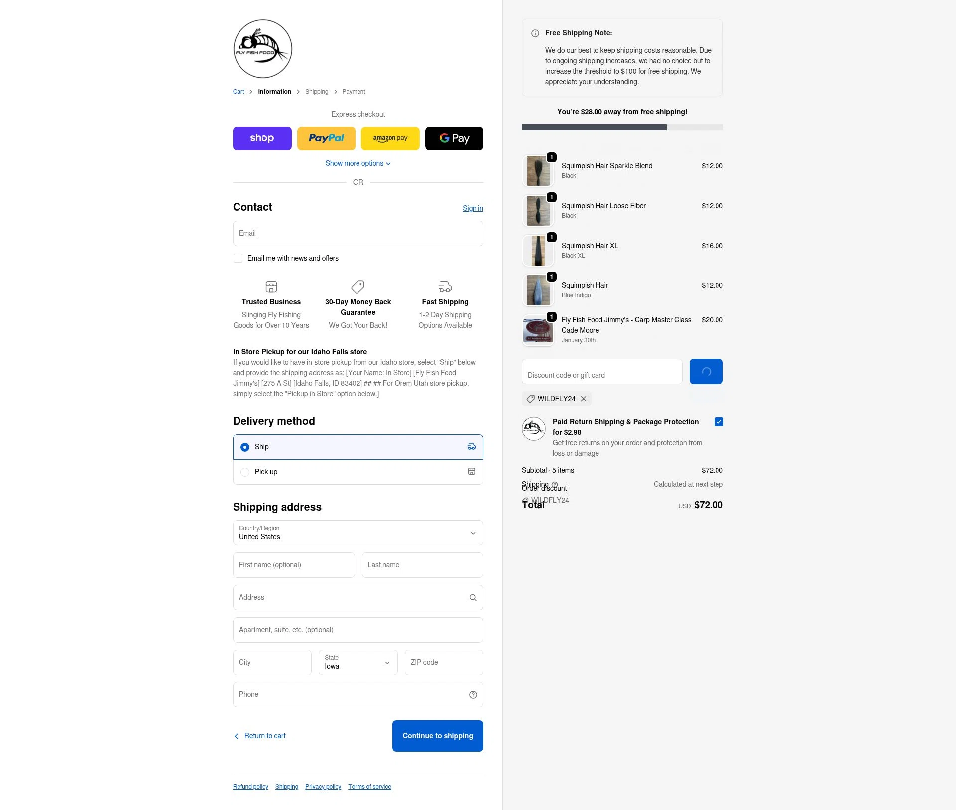 Fly Fish Food checkout page showing Fly Fish Food discount code box | Screenshot taken by SimplyCodes community member on Feb 13, 2026