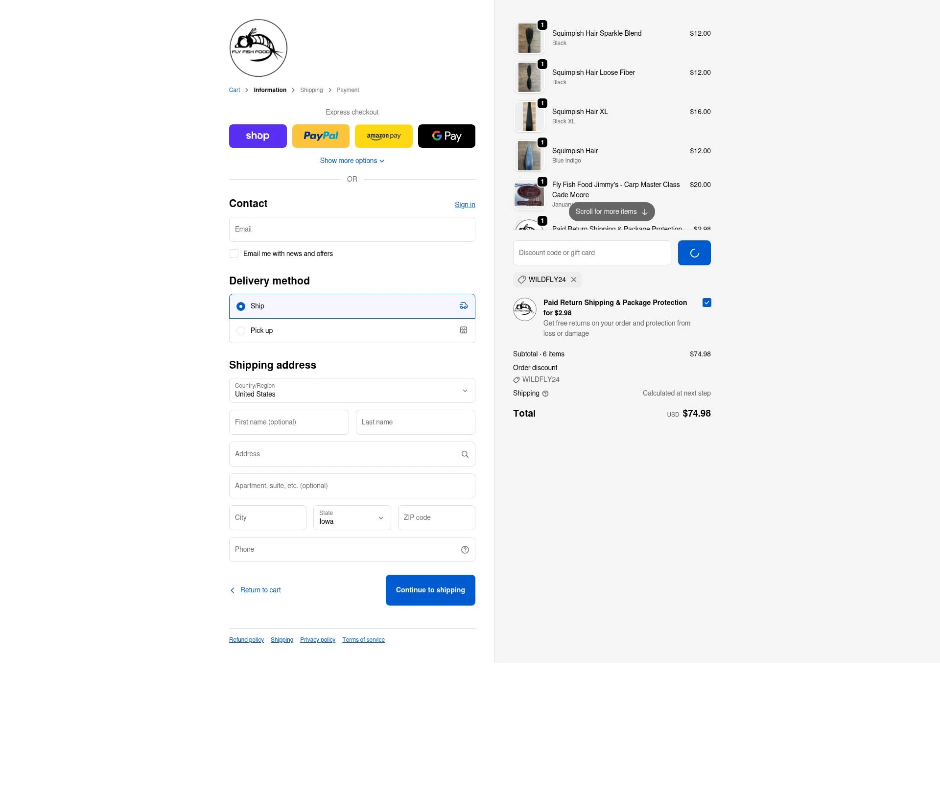 Fly Fish Food checkout page showing Fly Fish Food discount code box | Screenshot taken by SimplyCodes community member on Feb 20, 2026