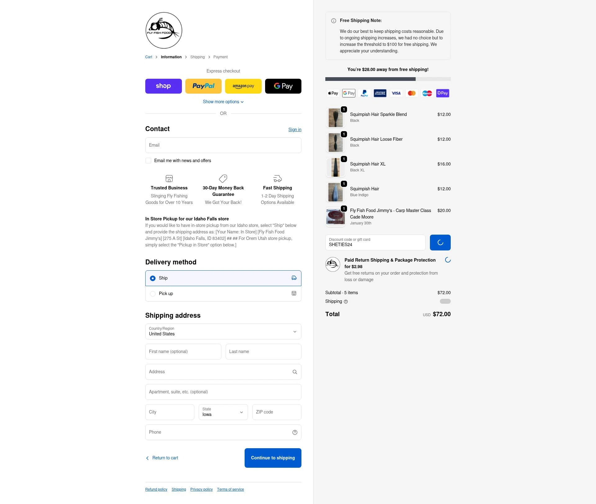 Fly Fish Food checkout page showing Fly Fish Food discount code box | Screenshot taken by SimplyCodes community member on Feb 20, 2026