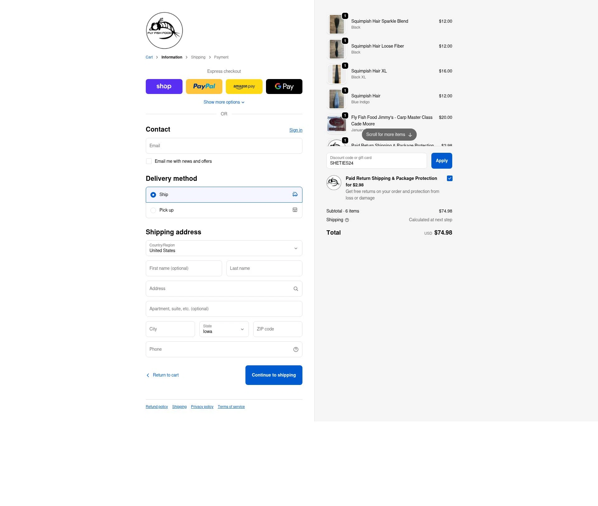 Fly Fish Food checkout page showing Fly Fish Food discount code box | Screenshot taken by SimplyCodes community member on Feb 16, 2026