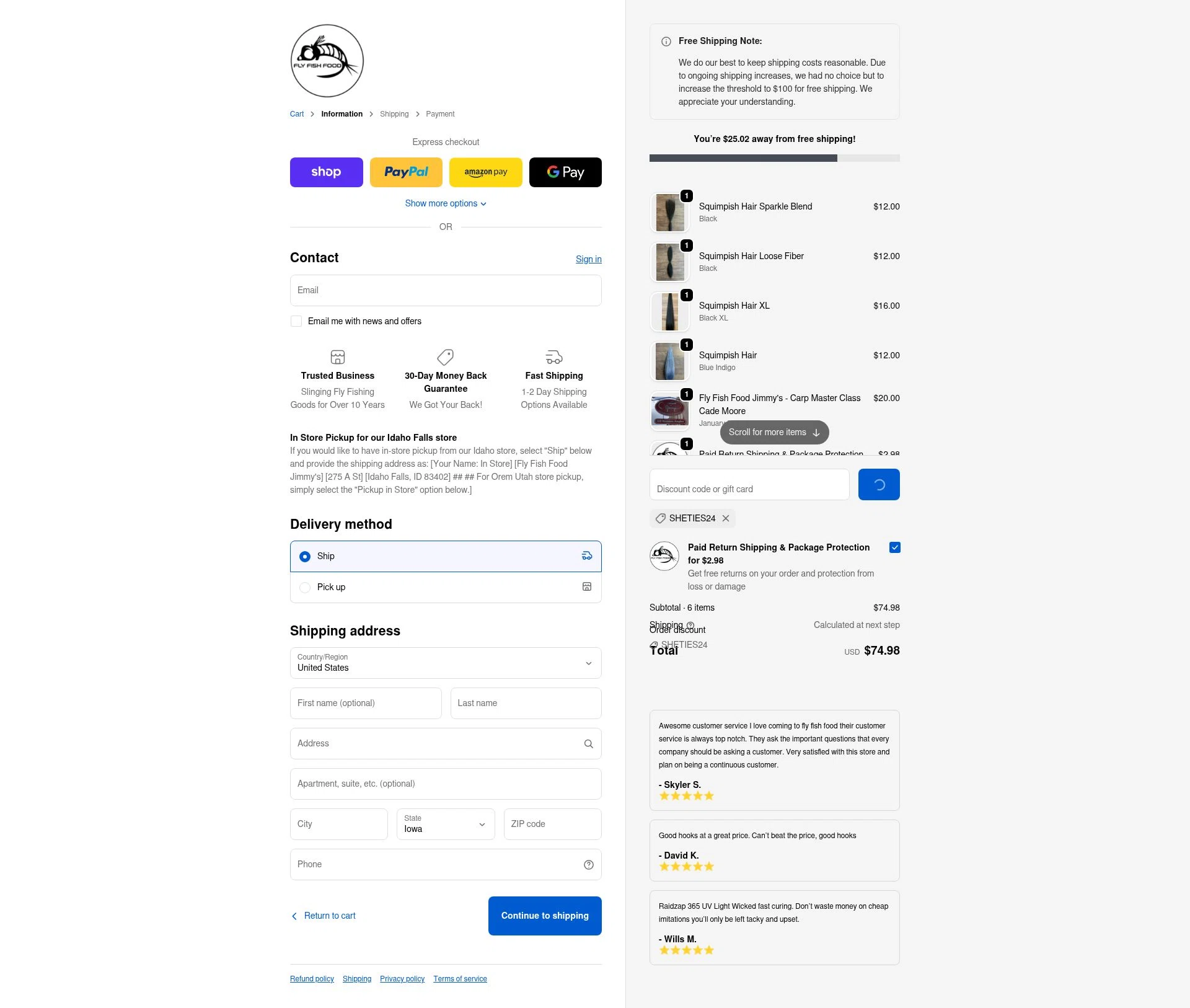 Fly Fish Food checkout page showing Fly Fish Food discount code box | Screenshot taken by SimplyCodes community member on Feb 7, 2026