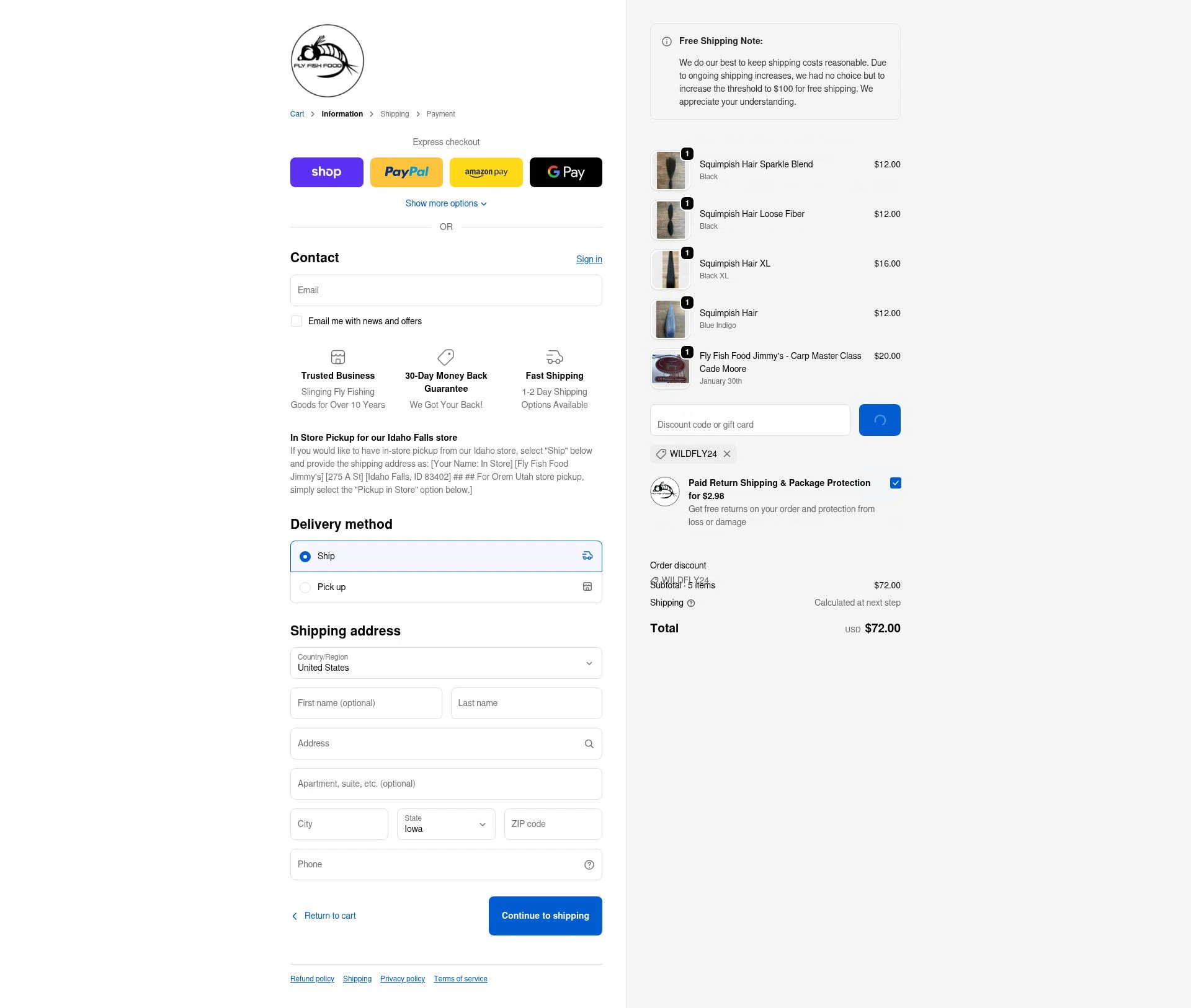 Fly Fish Food checkout page showing Fly Fish Food discount code box | Screenshot taken by SimplyCodes community member on Feb 17, 2026