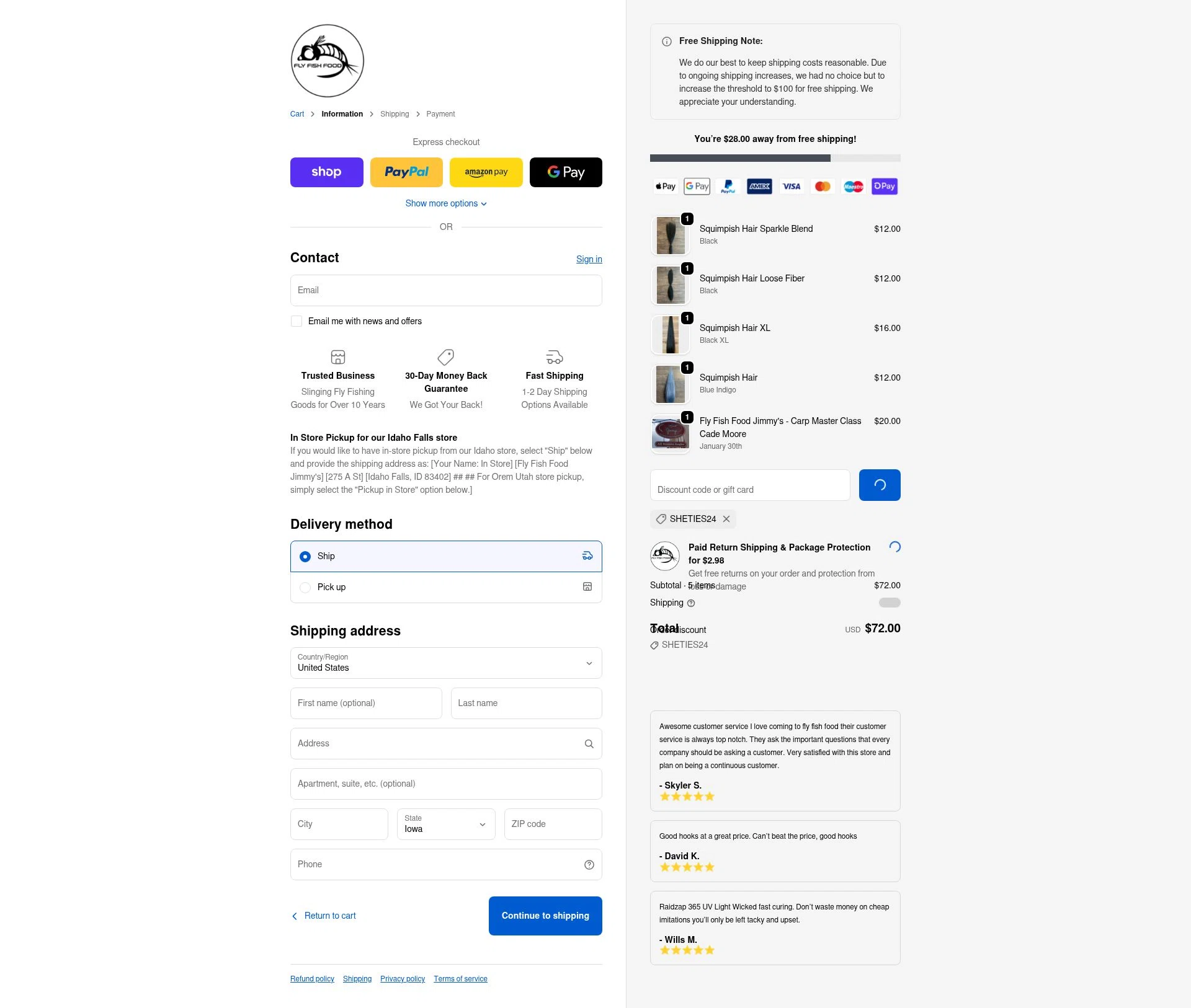 Fly Fish Food checkout page showing Fly Fish Food discount code box | Screenshot taken by SimplyCodes community member on Feb 12, 2026