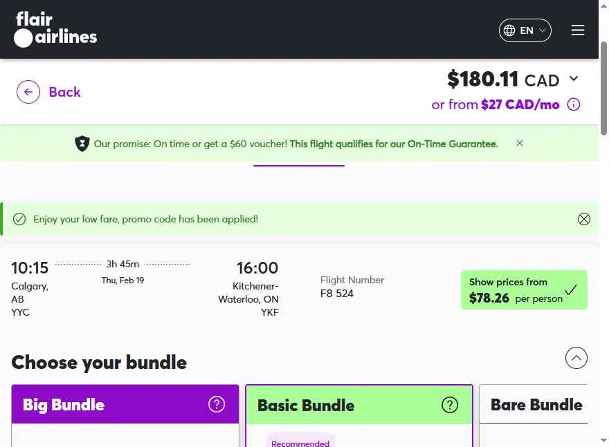 Flair Airlines checkout page showing Flair Airlines promo code box | Screenshot taken by SimplyCodes community member on Feb 2, 2026