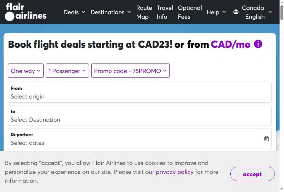 Flair Airlines checkout page showing Flair Airlines promo code box | Screenshot taken by SimplyCodes community member on Feb 1, 2026