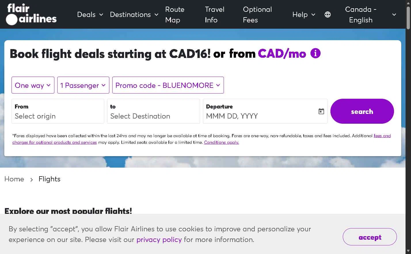 Flair Airlines checkout page showing Flair Airlines promo code box | Screenshot taken by SimplyCodes community member on Jan 30, 2026