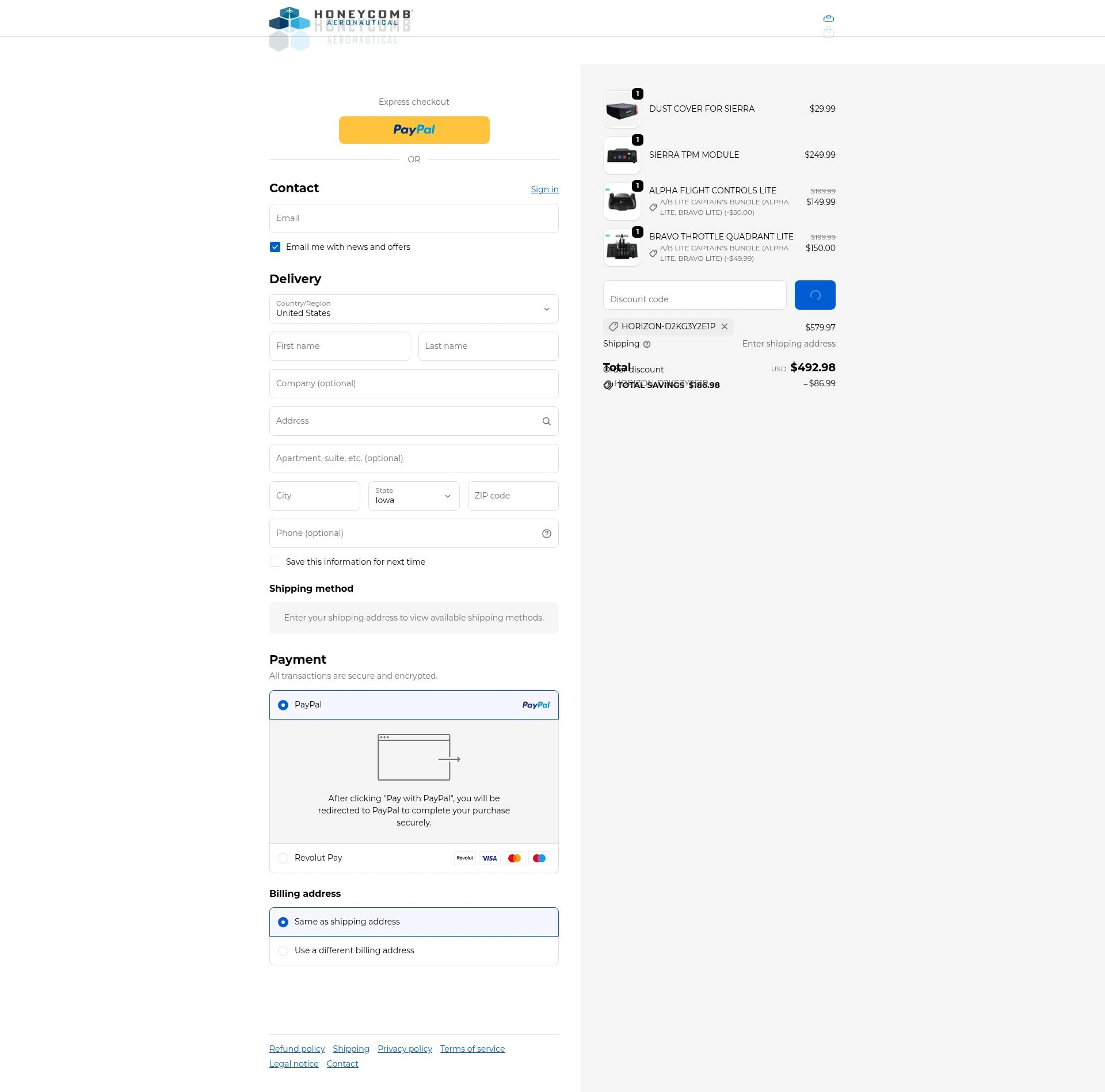 Honeycomb Aeronautical checkout page showing Honeycomb Aeronautical discount code box | Screenshot taken by SimplyCodes community member on Jan 1, 2026