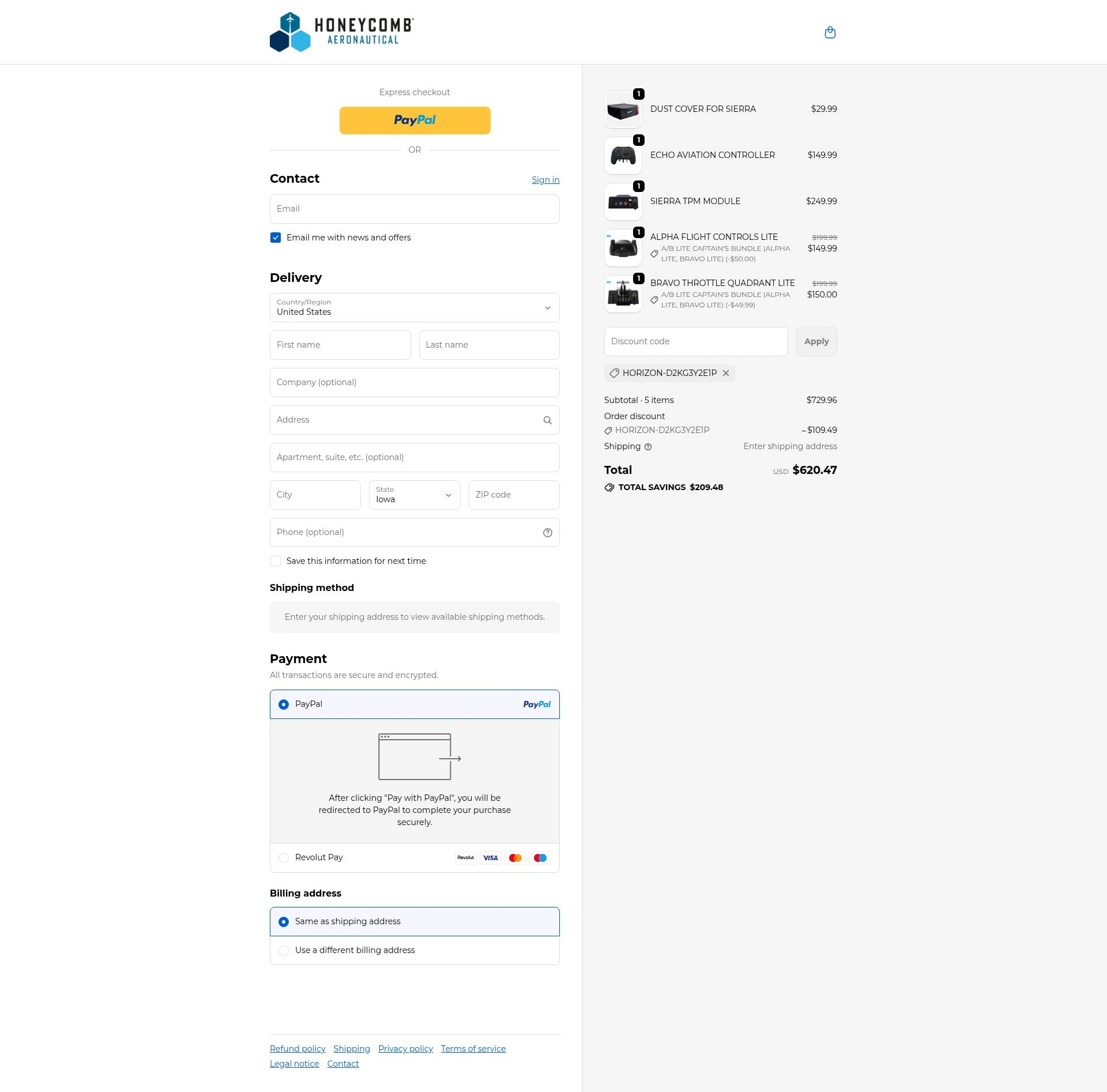 Honeycomb Aeronautical checkout page showing Honeycomb Aeronautical discount code box | Screenshot taken by SimplyCodes community member on Dec 15, 2025