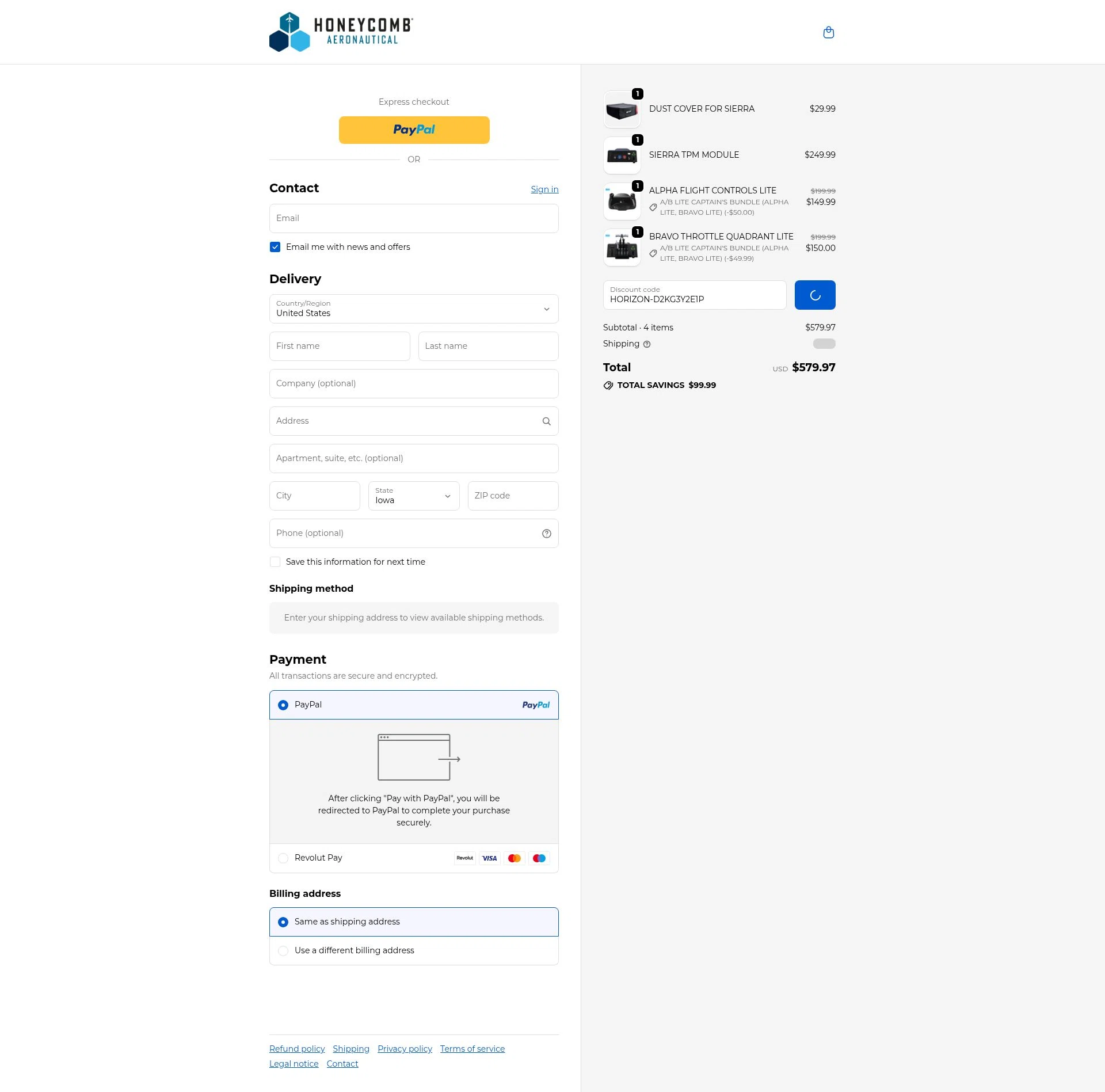 Honeycomb Aeronautical checkout page showing Honeycomb Aeronautical discount code box | Screenshot taken by SimplyCodes community member on Dec 27, 2025