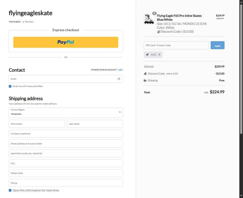 Flying Eagle Skate checkout page showing Flying Eagle Skate promo code box | Screenshot taken by SimplyCodes community member on Nov 15, 2025