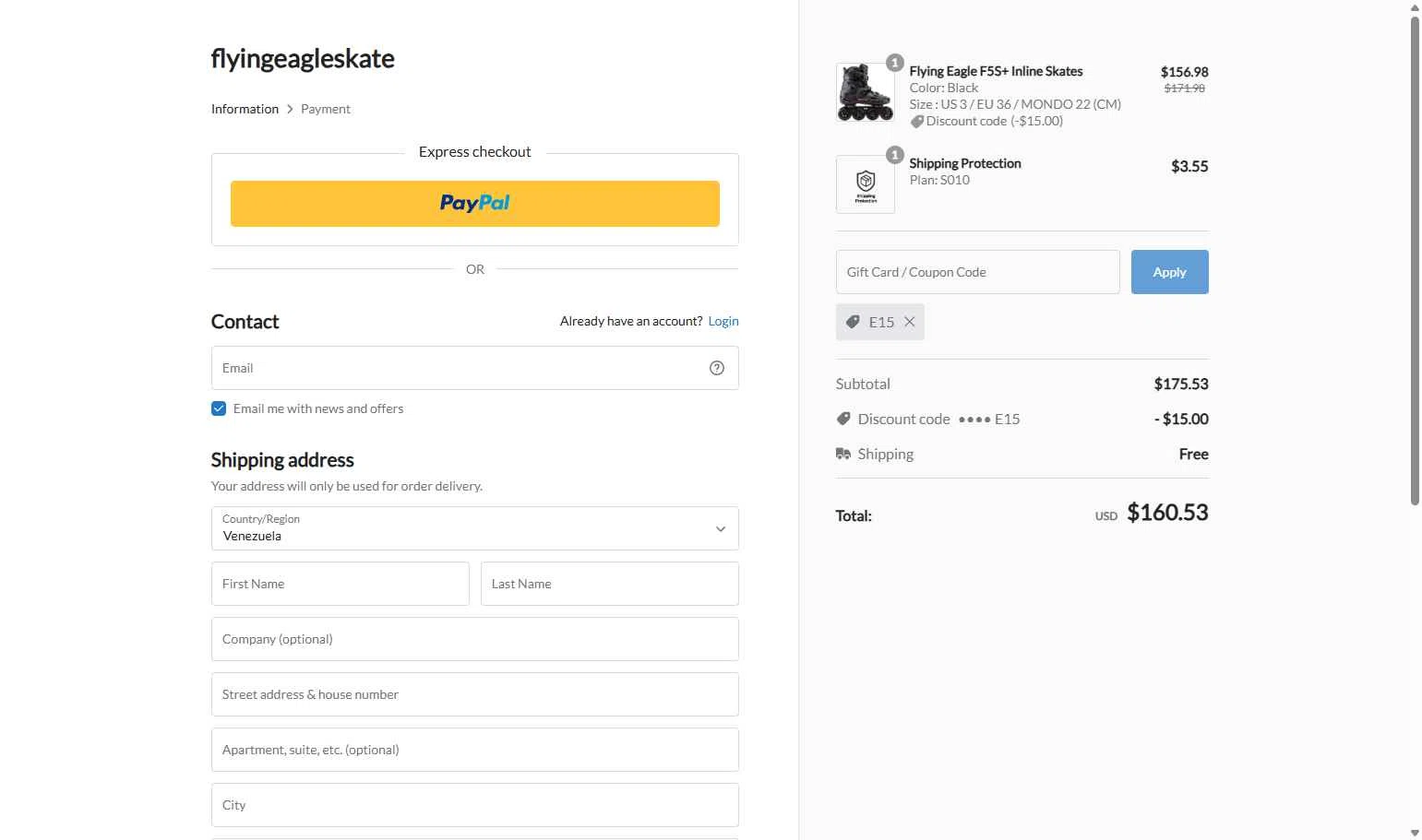 Flying Eagle Skate checkout page showing Flying Eagle Skate promo code box | Screenshot taken by SimplyCodes community member on Dec 15, 2025