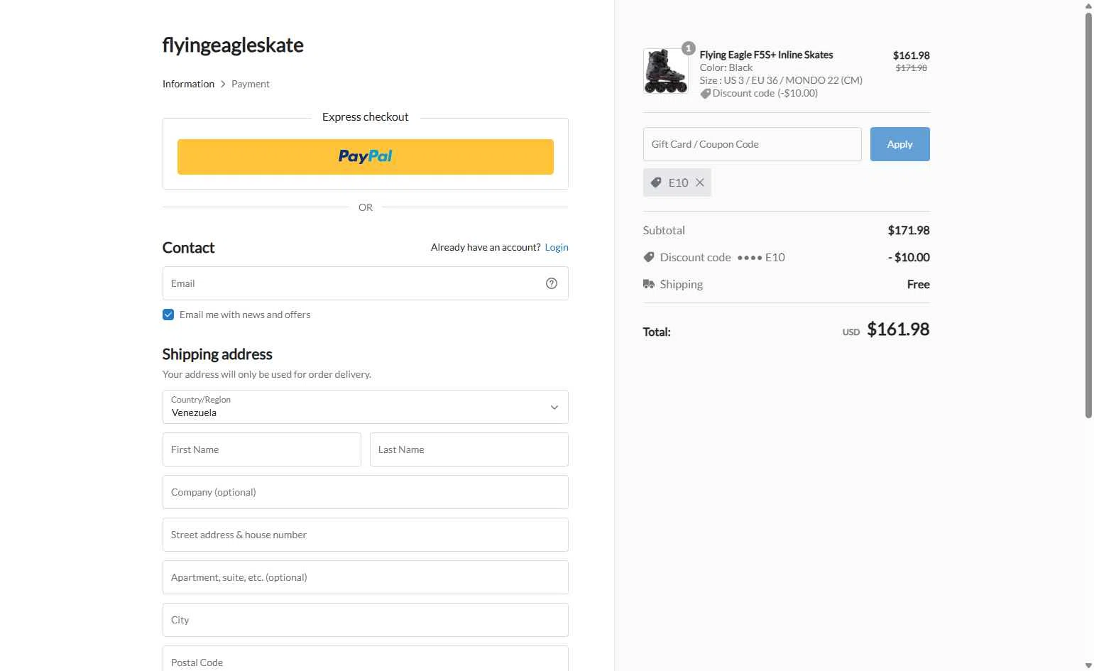 Flying Eagle Skate checkout page showing Flying Eagle Skate promo code box | Screenshot taken by SimplyCodes community member on Dec 15, 2025