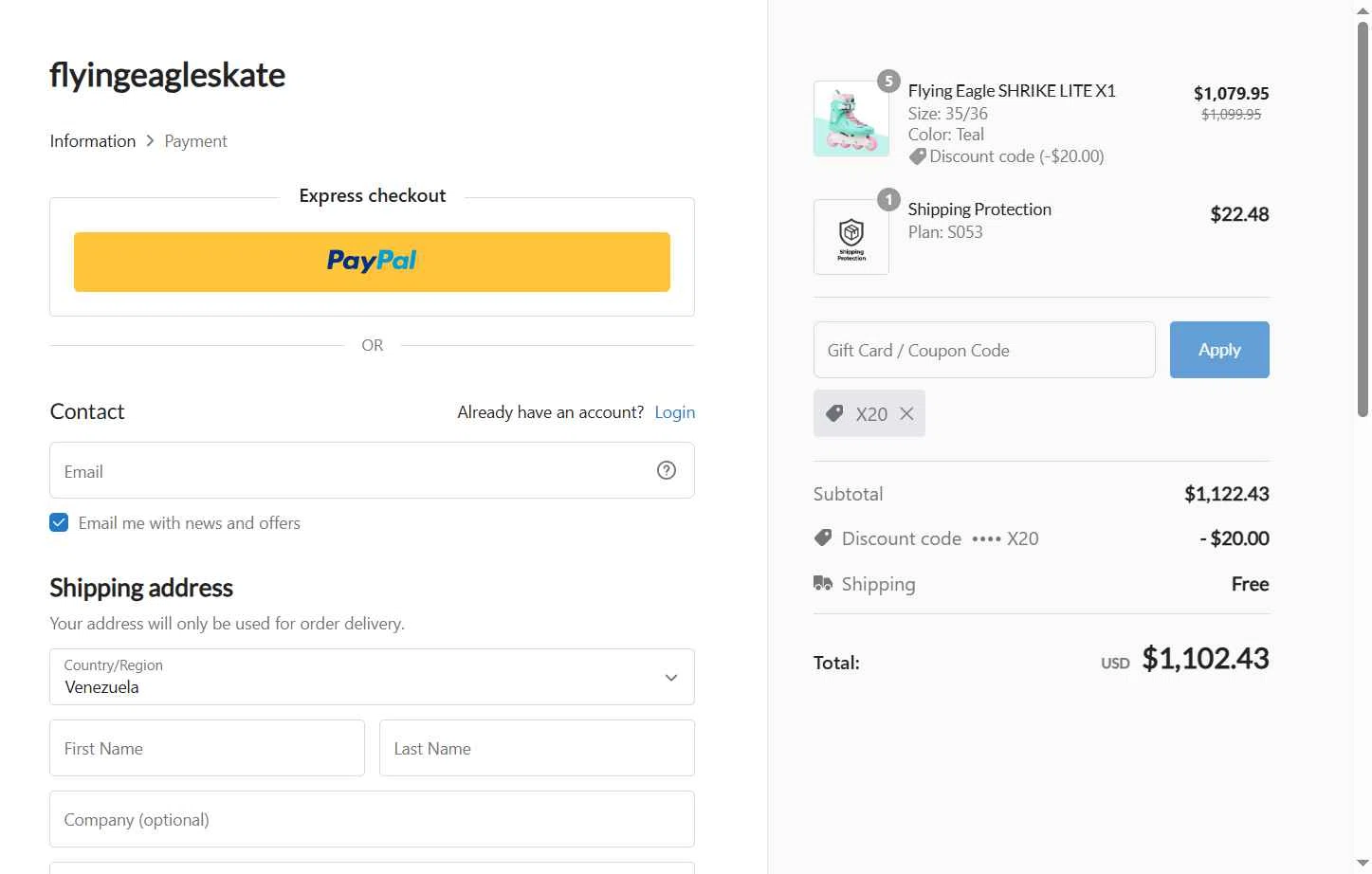 Flying Eagle Skate checkout page showing Flying Eagle Skate promo code box | Screenshot taken by SimplyCodes community member on Jan 8, 2026