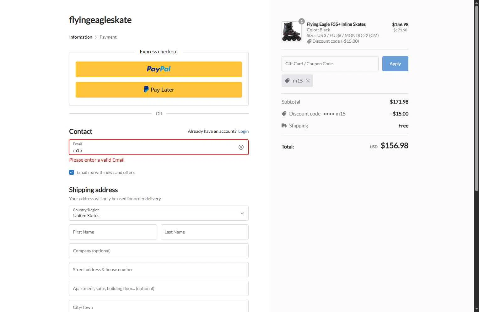 Flying Eagle Skate checkout page showing Flying Eagle Skate promo code box | Screenshot taken by SimplyCodes community member on Dec 14, 2025