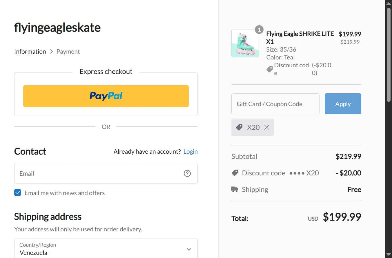 Flying Eagle Skate checkout page showing Flying Eagle Skate promo code box | Screenshot taken by SimplyCodes community member on Dec 10, 2025