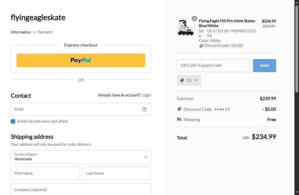 Flying Eagle Skate checkout page showing Flying Eagle Skate promo code box | Screenshot taken by SimplyCodes community member on Nov 16, 2025