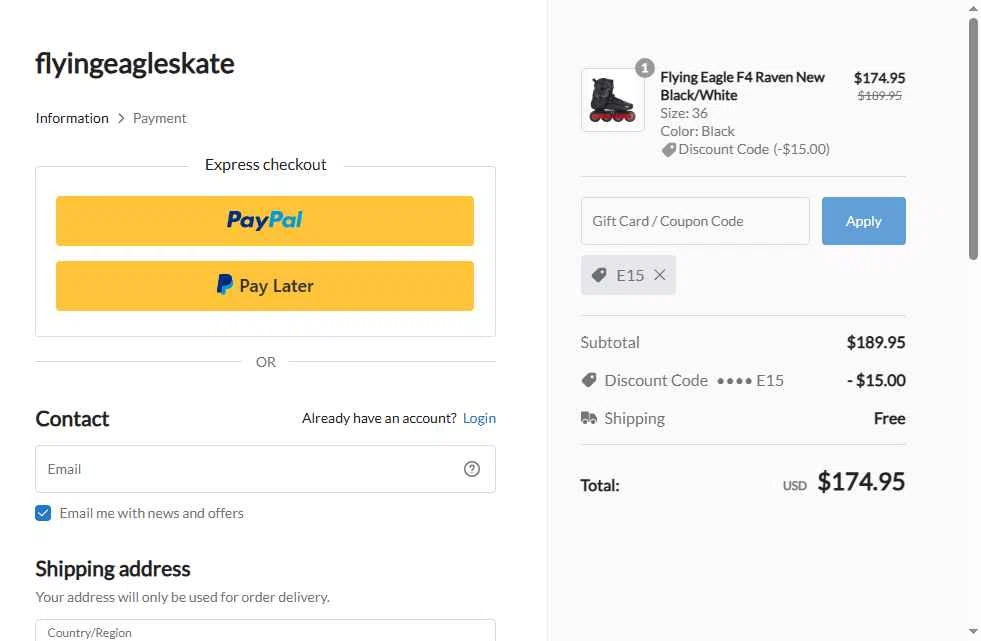 Flying Eagle Skate checkout page showing Flying Eagle Skate promo code box | Screenshot taken by SimplyCodes community member on Nov 16, 2025