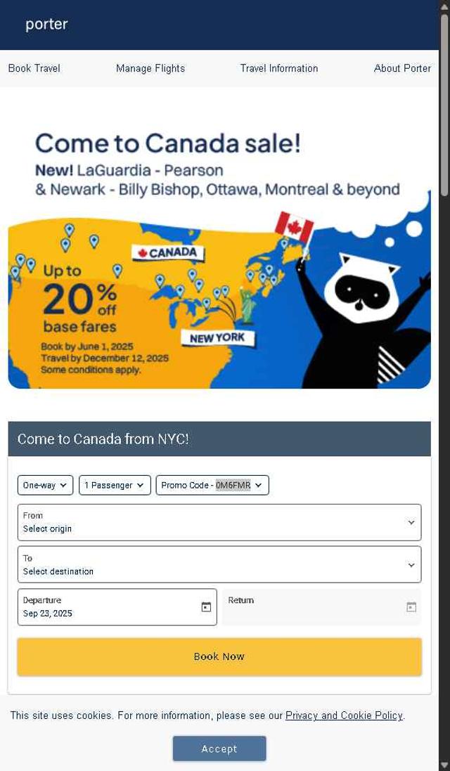 Porter Airlines checkout page showing Porter Airlines promo code box | Screenshot taken by SimplyCodes community member on Sep 16, 2025
