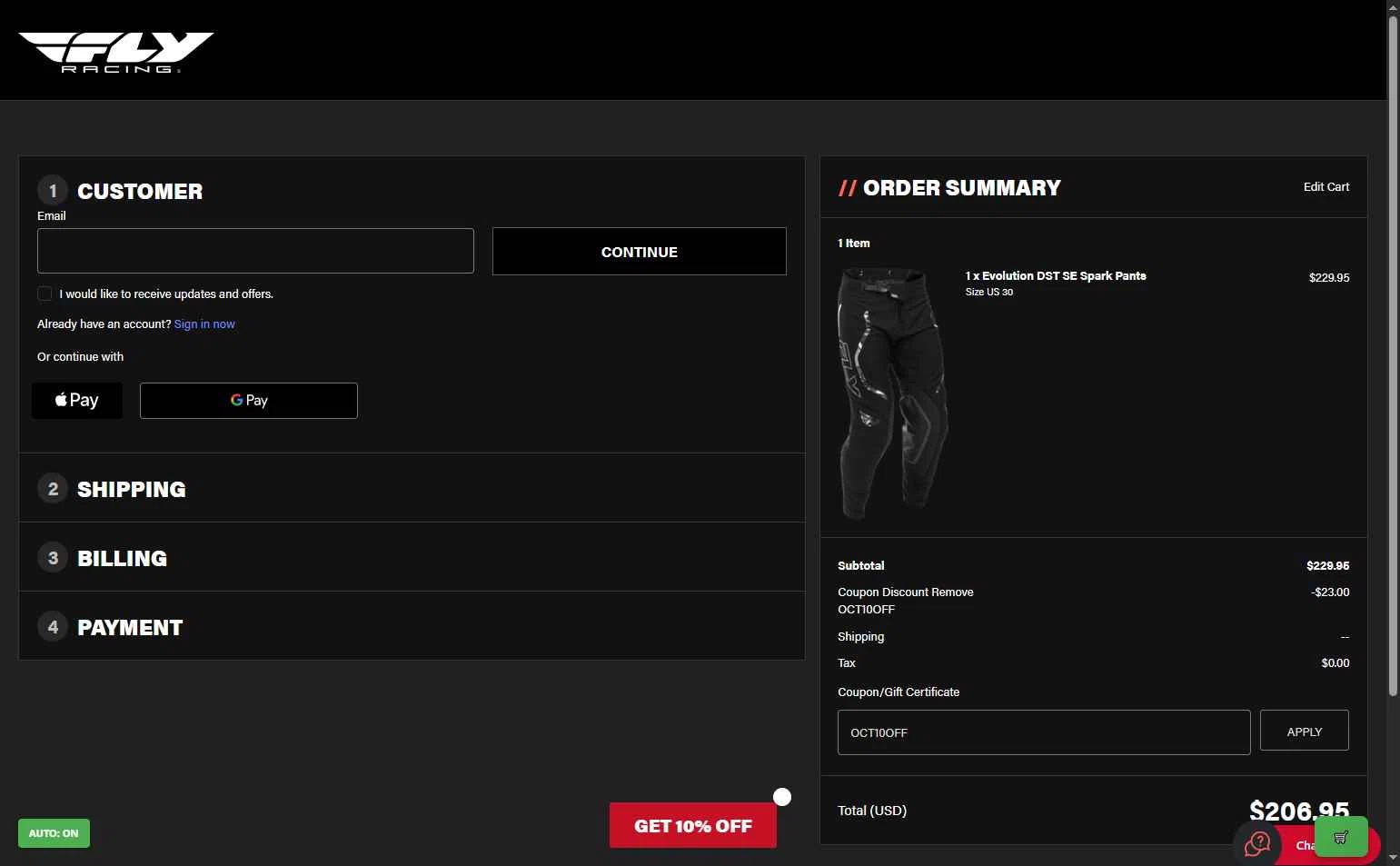 Fly Racing checkout page showing Fly Racing coupon code box | Screenshot taken by SimplyCodes community member on Nov 5, 2025