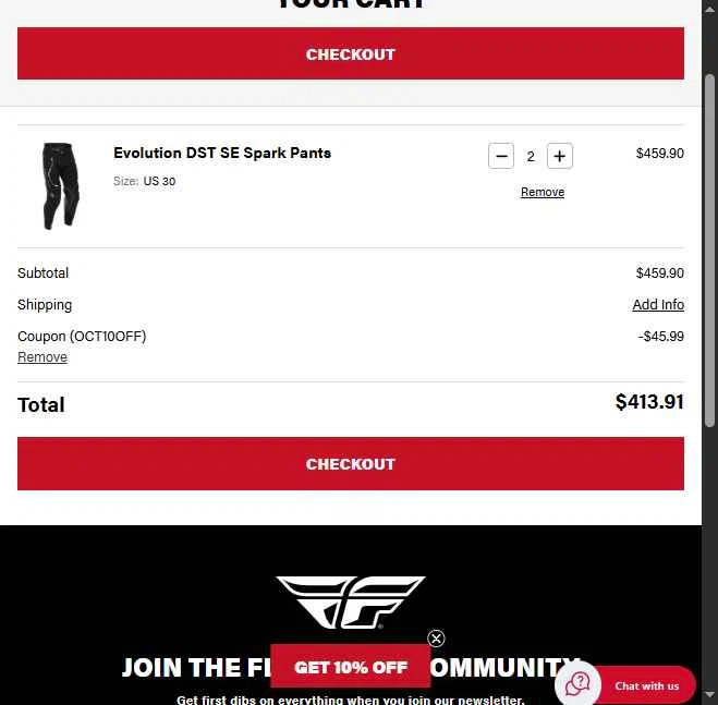 Fly Racing checkout page showing Fly Racing coupon code box | Screenshot taken by SimplyCodes community member on Oct 7, 2025