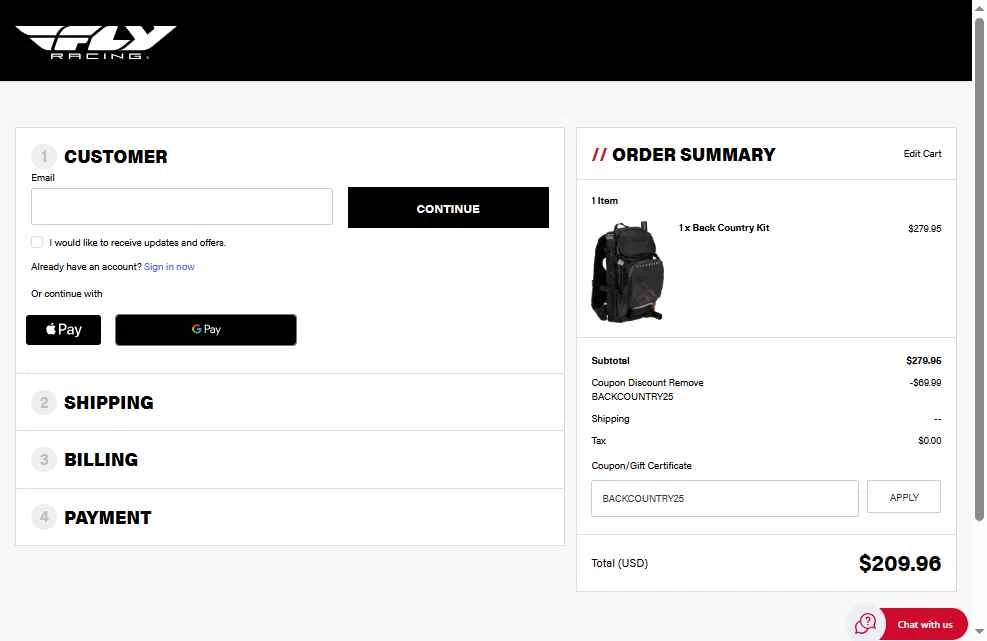 Fly Racing checkout page showing Fly Racing coupon code box | Screenshot taken by SimplyCodes community member on Nov 21, 2025