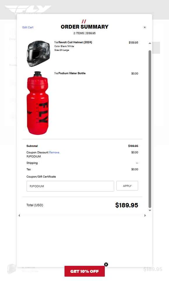 Fly Racing checkout page showing Fly Racing coupon code box | Screenshot taken by SimplyCodes community member on Aug 13, 2025