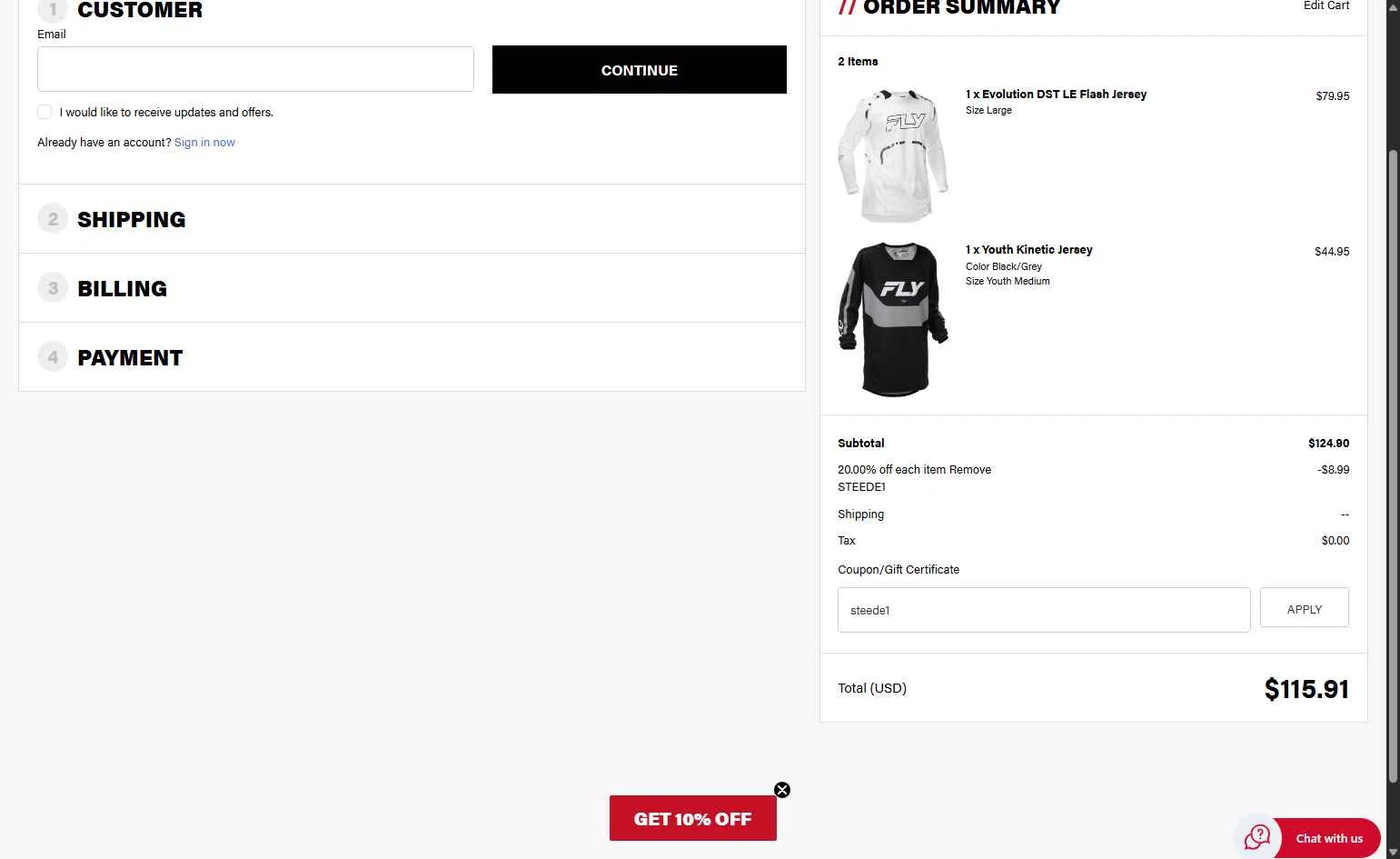Fly Racing checkout page showing Fly Racing coupon code box | Screenshot taken by SimplyCodes community member on Oct 30, 2025