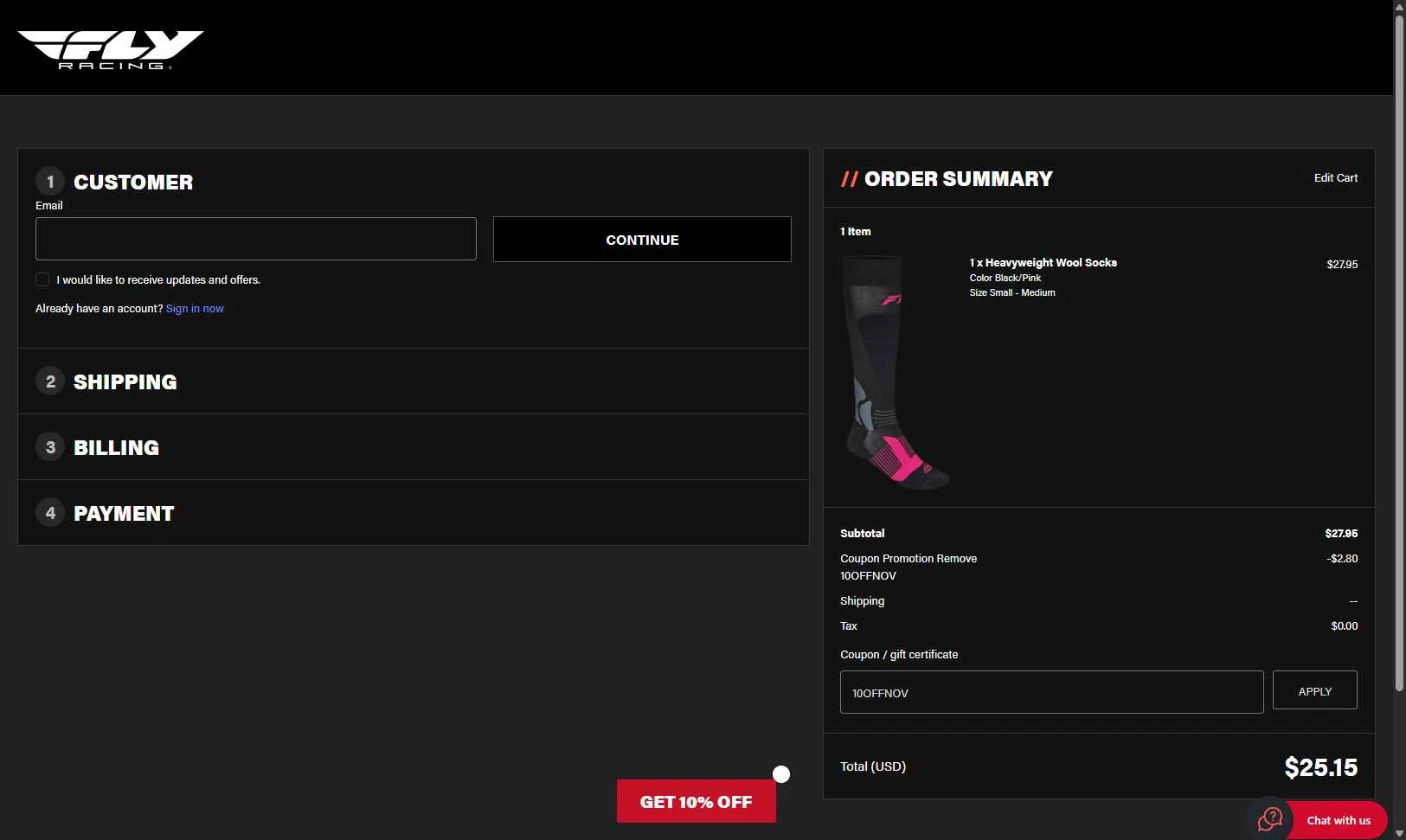 Fly Racing checkout page showing Fly Racing coupon code box | Screenshot taken by SimplyCodes community member on Dec 14, 2025
