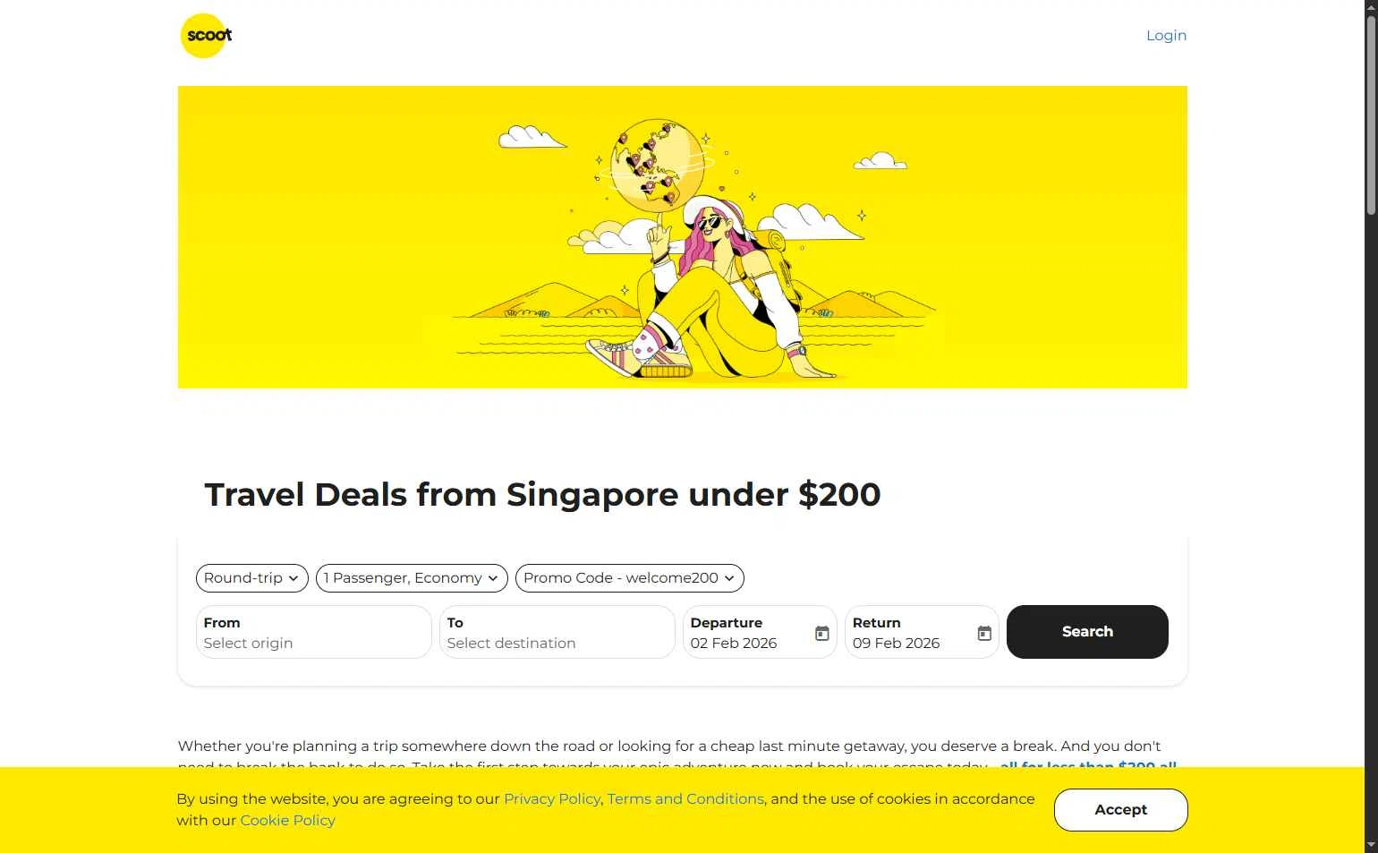 Scoot checkout page showing Scoot promo code box | Screenshot taken by SimplyCodes community member on Jan 26, 2026