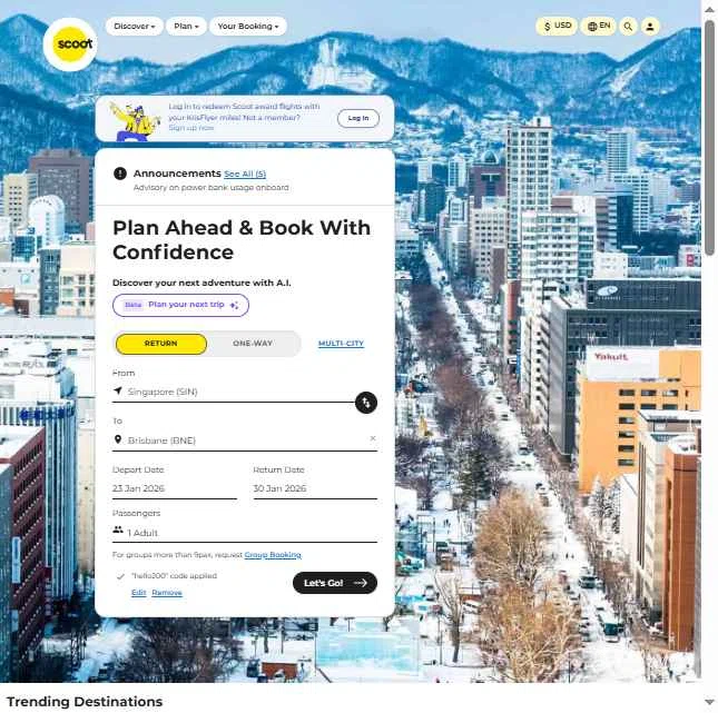 Scoot checkout page showing Scoot promo code box | Screenshot taken by SimplyCodes community member on Jan 19, 2026