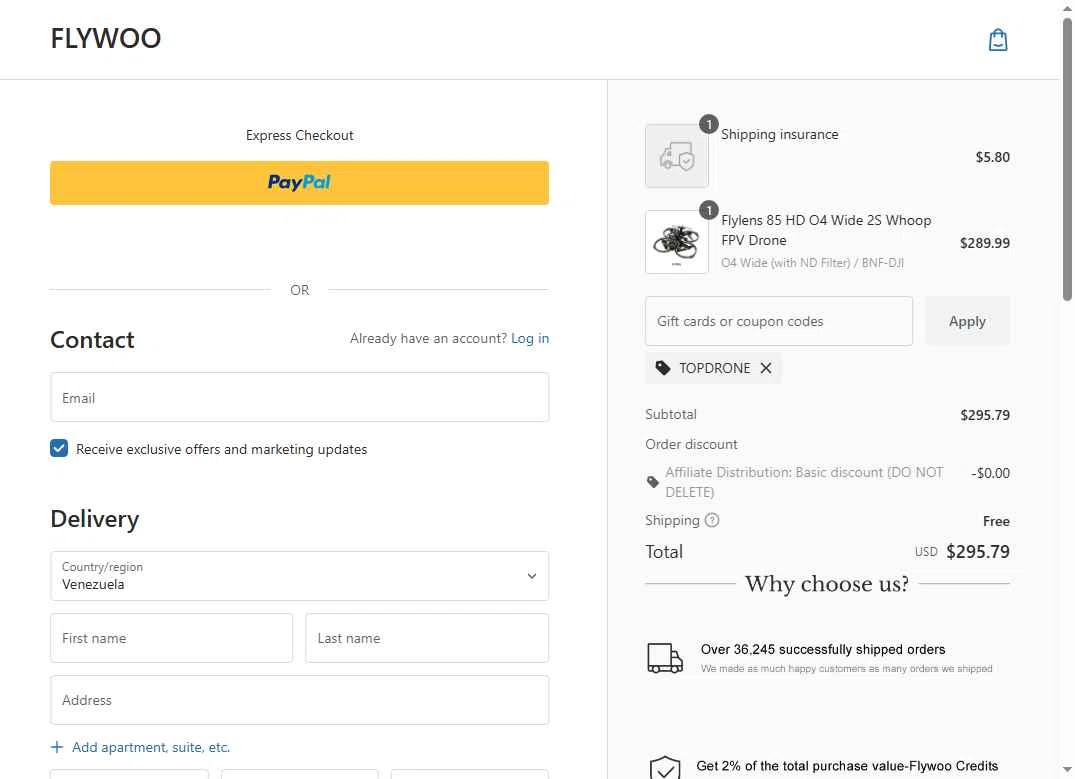 Flywoo checkout page showing Flywoo discount code box | Screenshot taken by SimplyCodes community member on Feb 4, 2026