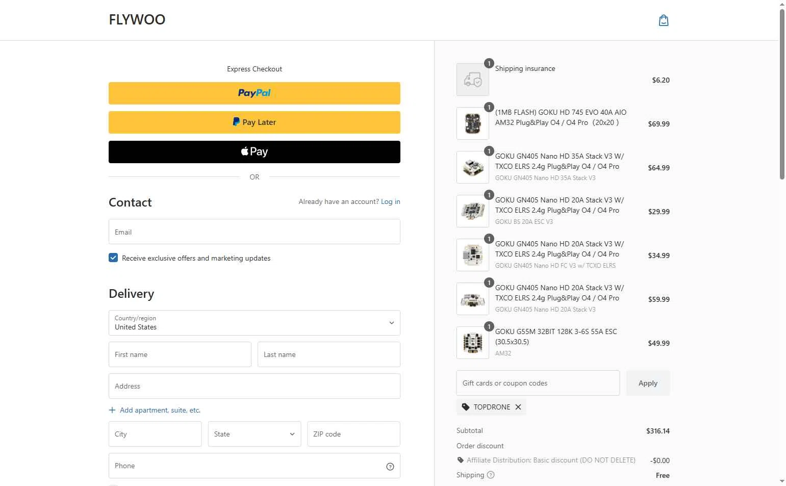 Flywoo checkout page showing Flywoo discount code box | Screenshot taken by SimplyCodes community member on Jan 6, 2026