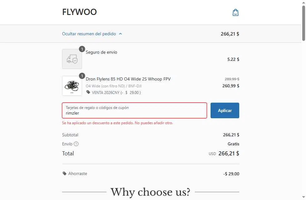 Flywoo checkout page showing Flywoo discount code box | Screenshot taken by SimplyCodes community member on Feb 11, 2026
