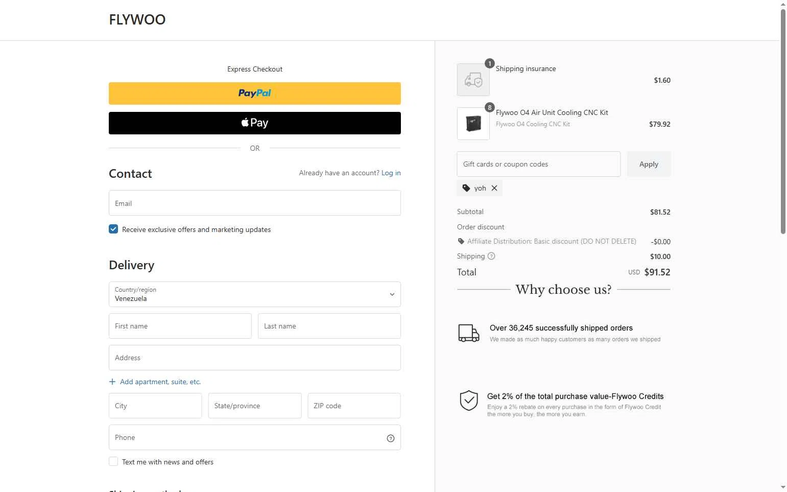 Flywoo checkout page showing Flywoo discount code box | Screenshot taken by SimplyCodes community member on Feb 11, 2026