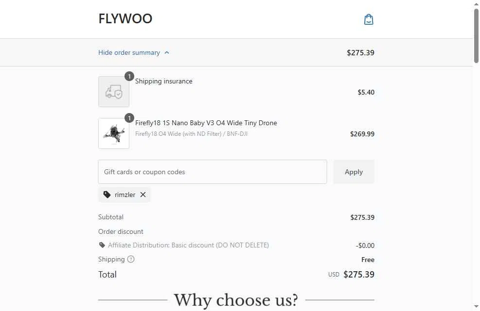 Flywoo checkout page showing Flywoo discount code box | Screenshot taken by SimplyCodes community member on Jan 26, 2026