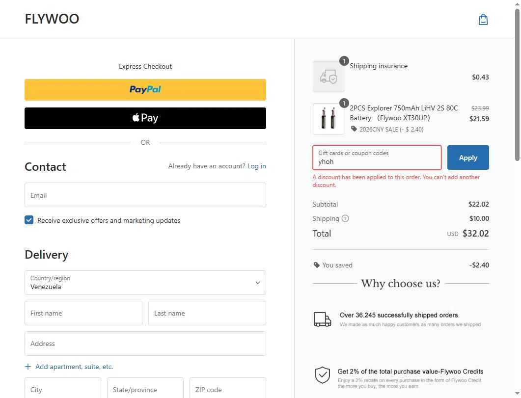Flywoo checkout page showing Flywoo discount code box | Screenshot taken by SimplyCodes community member on Feb 11, 2026