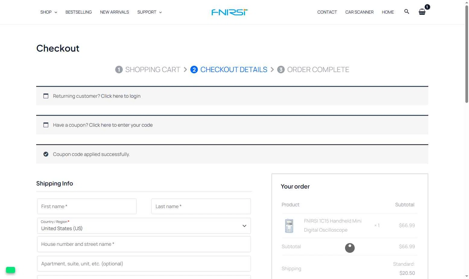 FNIRSI checkout page showing FNIRSI discount code box | Screenshot taken by SimplyCodes community member on Dec 21, 2025