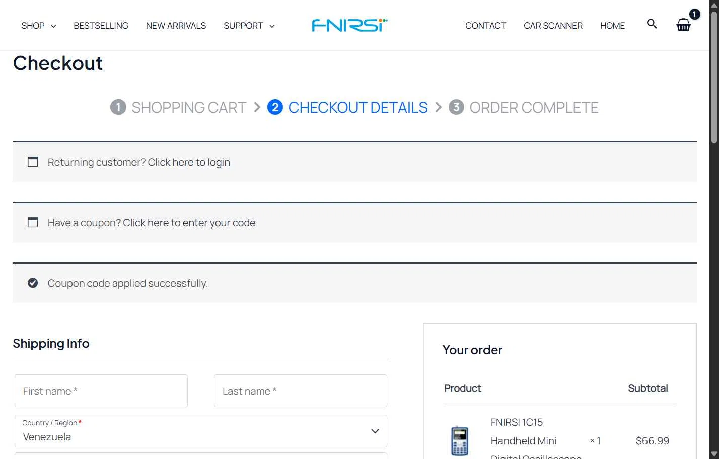 FNIRSI checkout page showing FNIRSI discount code box | Screenshot taken by SimplyCodes community member on Jan 7, 2026