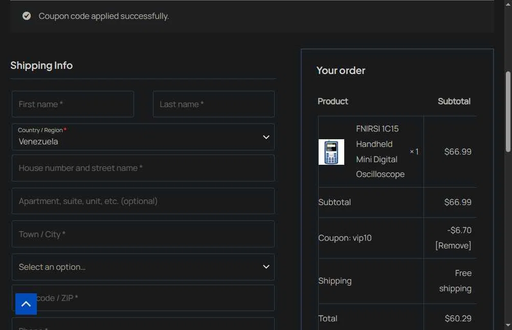 FNIRSI checkout page showing FNIRSI discount code box | Screenshot taken by SimplyCodes community member on Jan 2, 2026