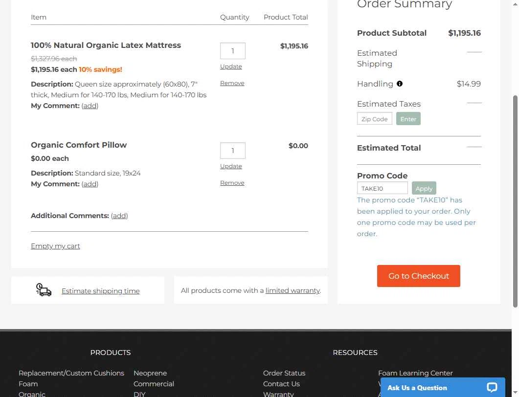 FoamOrder checkout page showing FoamOrder promo code box | Screenshot taken by SimplyCodes community member on May 15, 2025