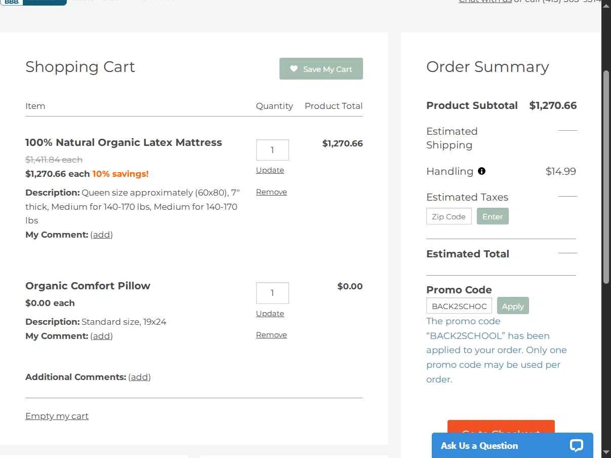 FoamOrder checkout page showing FoamOrder promo code box | Screenshot taken by SimplyCodes community member on Sep 11, 2025