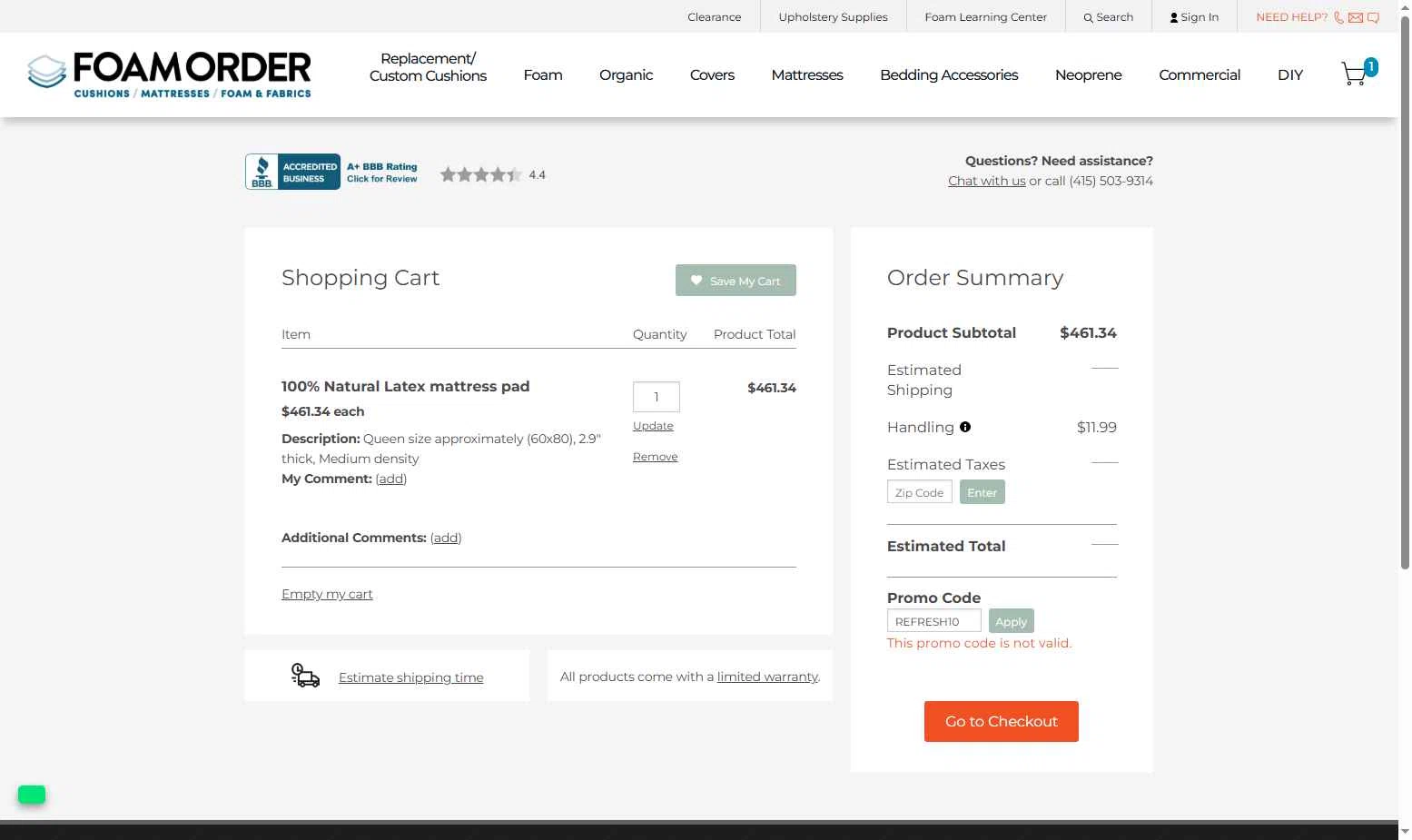 FoamOrder checkout page showing FoamOrder promo code box | Screenshot taken by SimplyCodes community member on Aug 19, 2025