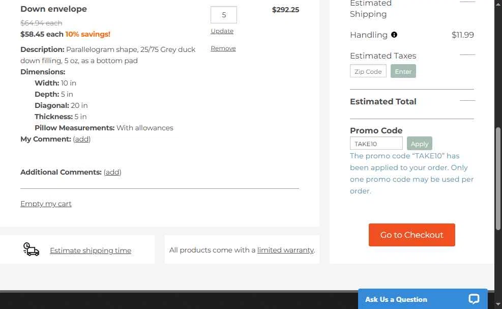 FoamOrder checkout page showing FoamOrder promo code box | Screenshot taken by SimplyCodes community member on May 15, 2025