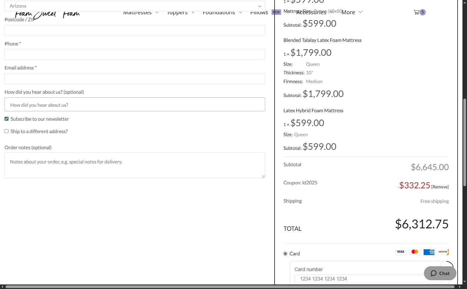 Foam Sweet Foam checkout page showing Foam Sweet Foam coupon code box | Screenshot taken by SimplyCodes community member on Sep 10, 2025