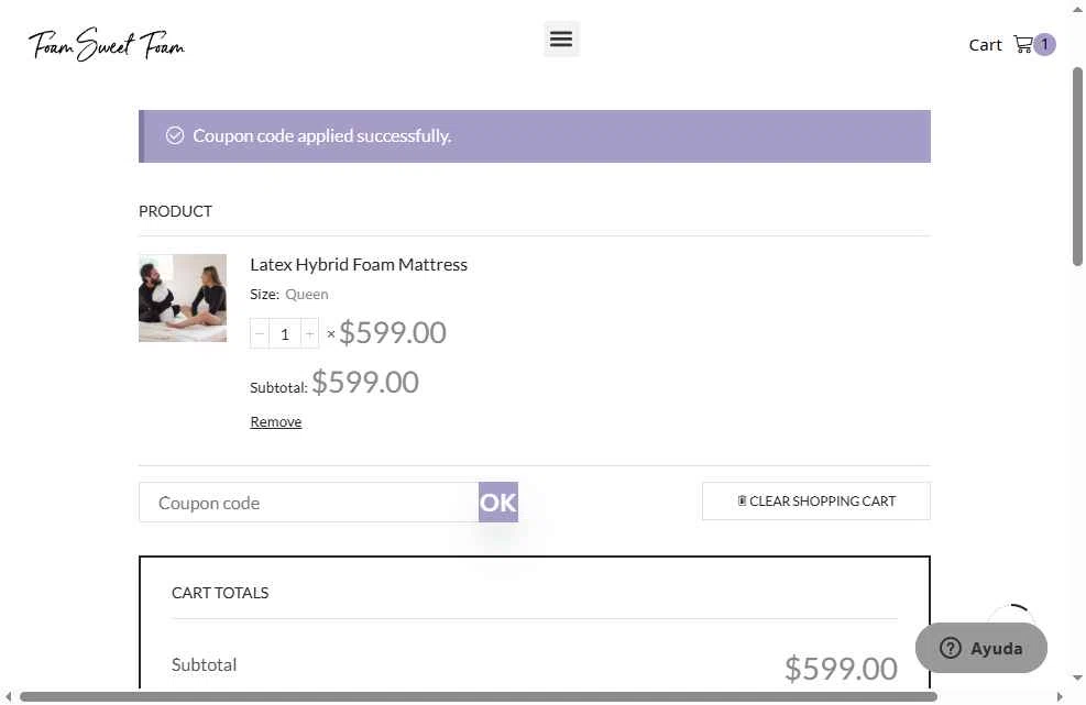 Foam Sweet Foam checkout page showing Foam Sweet Foam coupon code box | Screenshot taken by SimplyCodes community member on Jul 3, 2025