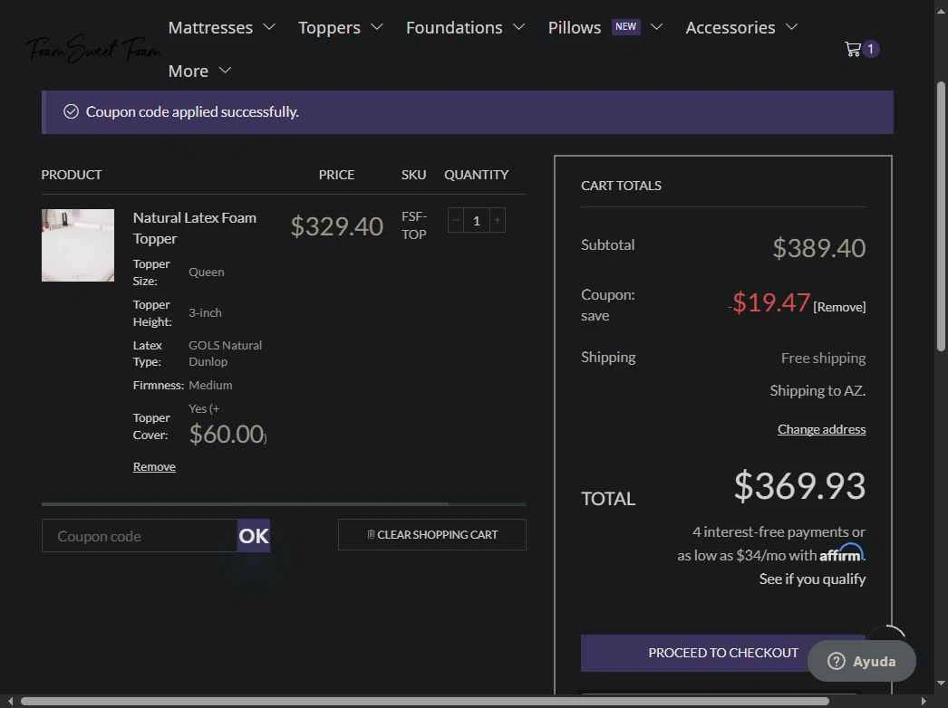 Foam Sweet Foam checkout page showing Foam Sweet Foam coupon code box | Screenshot taken by SimplyCodes community member on Jul 27, 2025