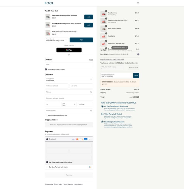 FOCL CBD checkout page showing FOCL CBD promo code box | Screenshot taken by SimplyCodes community member on Sep 8, 2025