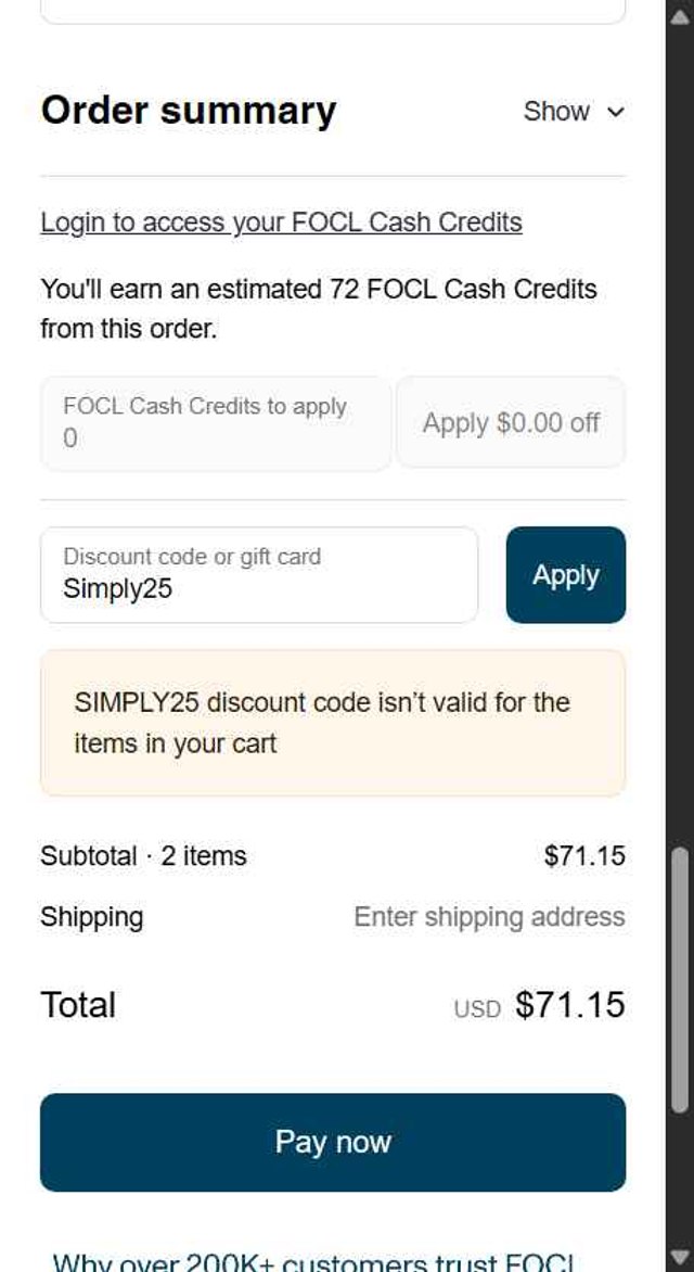 FOCL CBD checkout page showing FOCL CBD promo code box | Screenshot taken by SimplyCodes community member on Sep 4, 2025