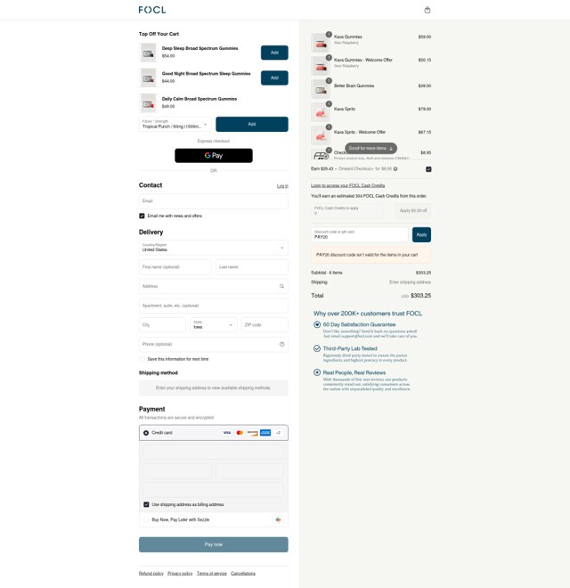 FOCL CBD checkout page showing FOCL CBD promo code box | Screenshot taken by SimplyCodes community member on Sep 8, 2025