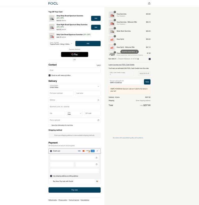 FOCL CBD checkout page showing FOCL CBD promo code box | Screenshot taken by SimplyCodes community member on Aug 31, 2025